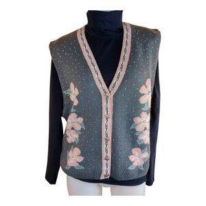 Vintage Sears Tradition Knitted Cardigan Pink Flowers Vest Size XL